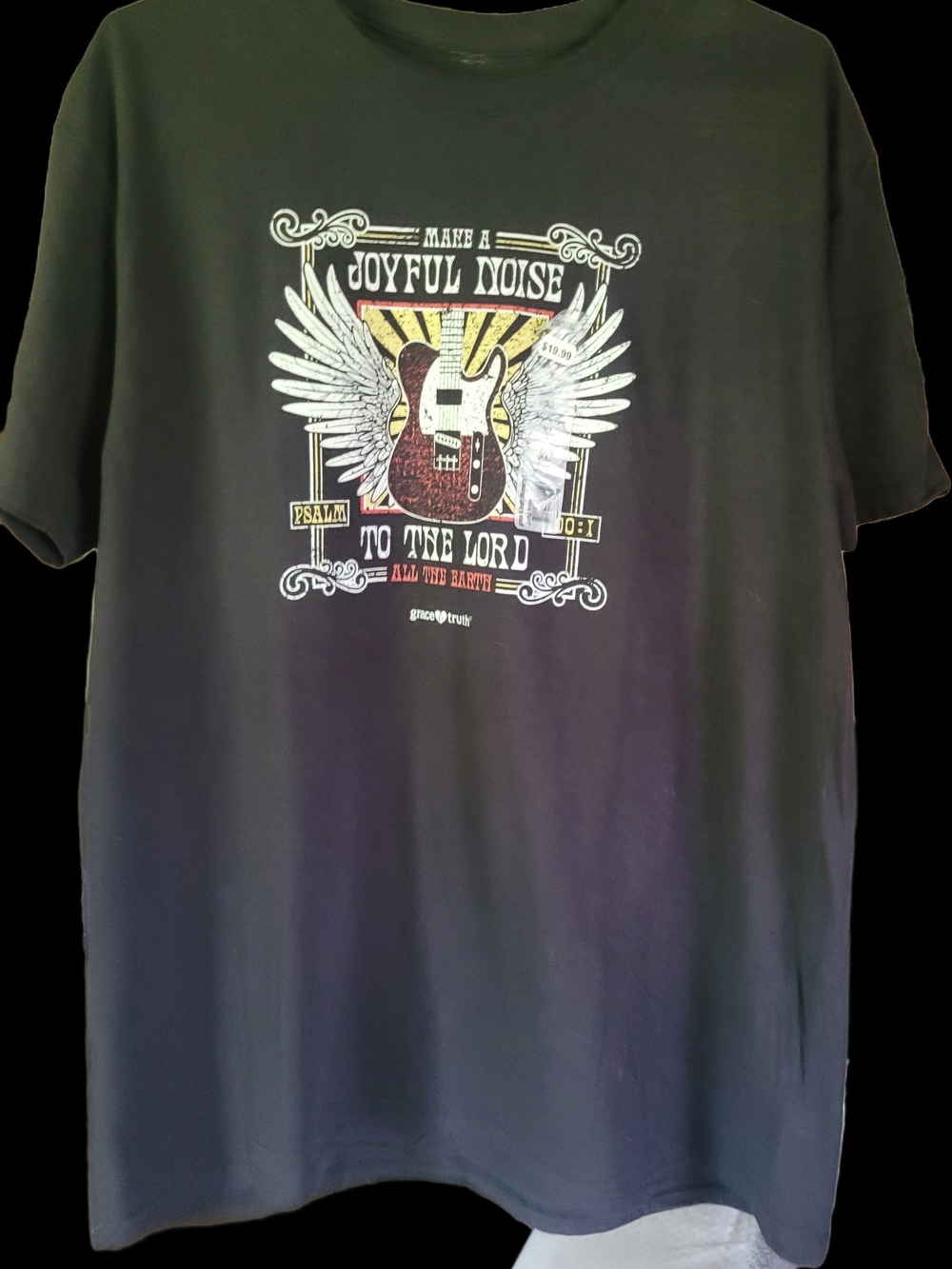 Womens Grace And Truth Black Tee with Winged Guitar and 'Joyful Noise' Graphic